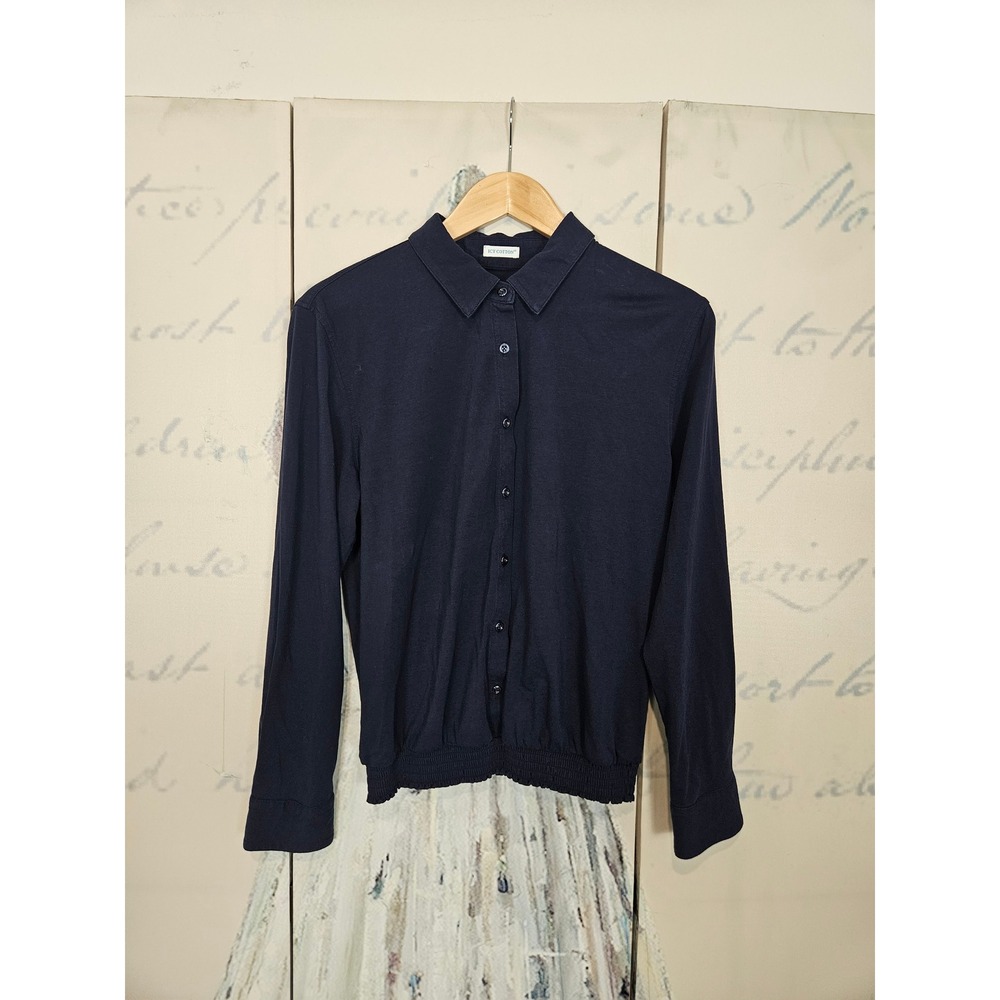 Buttercloth Icy Cotton LS Blouse Large Navy Blue Pre-Tucked Knit Button Down
